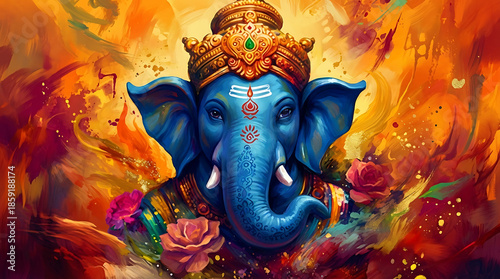 Artistic oil painting of blue lord ganesha with pink flowers for ganesha chaturthi and sankashti chaturthi festivals featuring vibrant brush strokes and bright spiritual colors