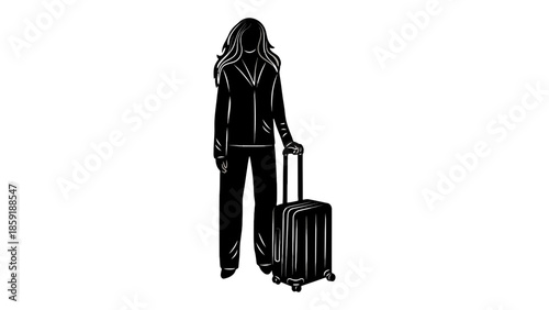 Professional woman in stylish suit stands ready with luggage for travel