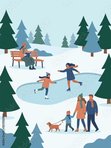 Family enjoying winter activities in a serene snowy park
