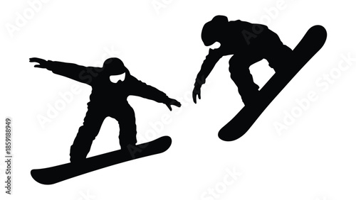 Dynamic silhouettes of two snowboarders performing aerial tricks against a white background.
