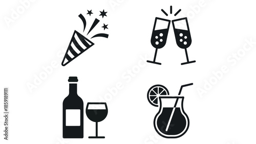Celebration icons: party popper, champagne toast, wine bottle and glass, and cocktail drink