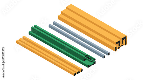 Assorted construction aluminum profiles and rods arranged neatly on a white background