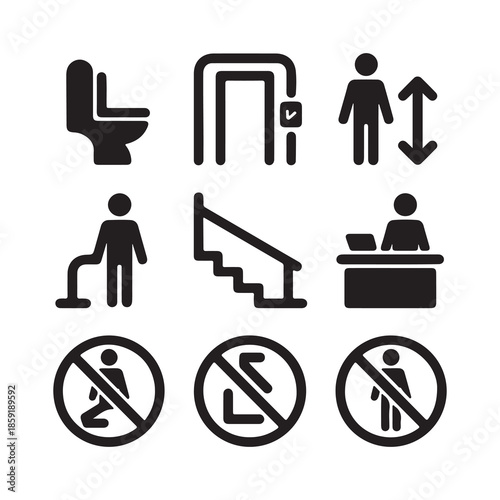 Public Facility and Accessibility Solid Icon Set with Restroom Entrance Stairs Elevator and Prohibition Symbols Vector