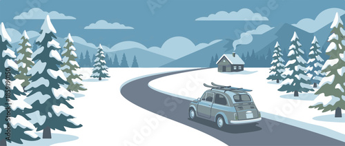 Winter mountain journey: car with skis on snowy road to cozy cabin.