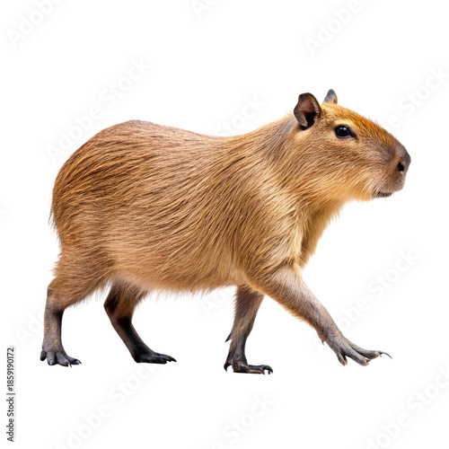 A large capybara, the world's largest rodent, captured in a profile walk against a stark black background.