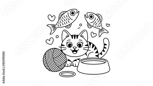 Joyful cartoon kitten with yarn and fish, ready for play and food.