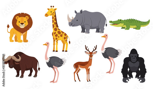 Flat cartoon African wildlife vector collection with zoo animals isolated on white background
