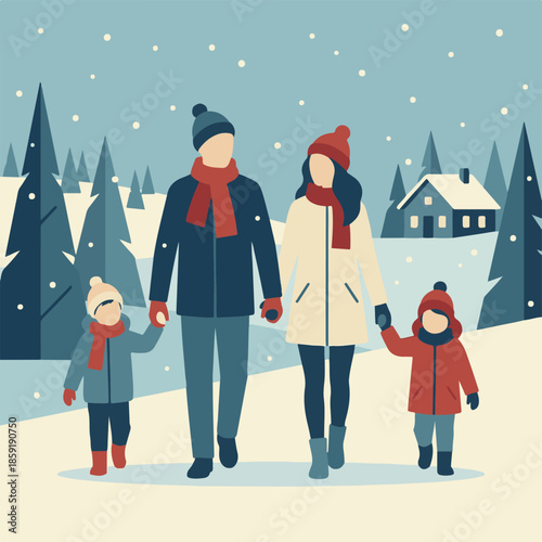 Family walking together in a serene snowy winter landscape at night