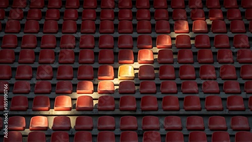 Wallpaper Mural Rows of empty red stadium seats with a single illuminated seat highlighting a unique pattern Torontodigital.ca