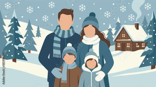 Happy family enjoying a snowy winter landscape with a cozy cabin