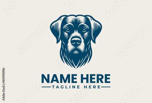 A blue vector illustration of a dog's head with a placeholder text for a name and tagline on a beige background, featuring a logo design concept.