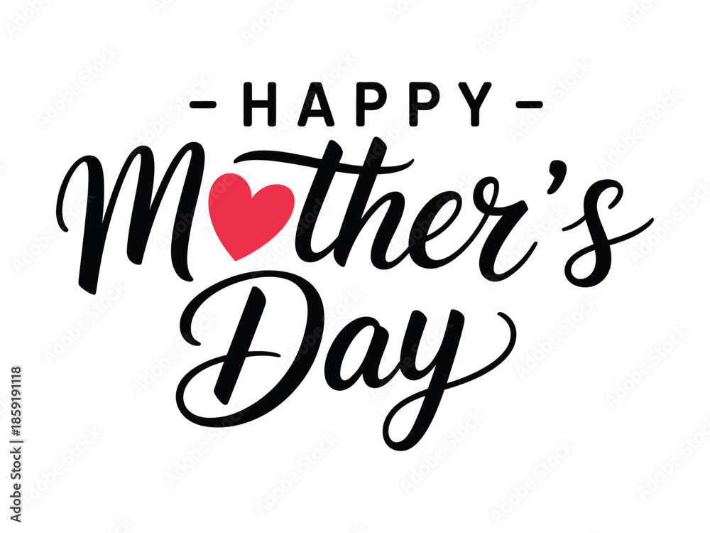Fototapeta premium Happy Mother's Day Handwritten Typography with Red Heart Graphic for Appreciation Cards and Family Celebration Design