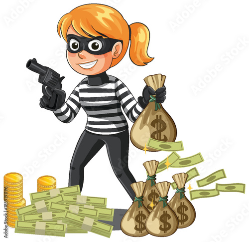 Cartoon Female Burglar Holding Money Bags and Toy Gun