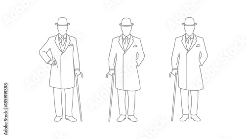 Dapper gentlemen in classic attire stand with canes, showcasing vintage fashion style.