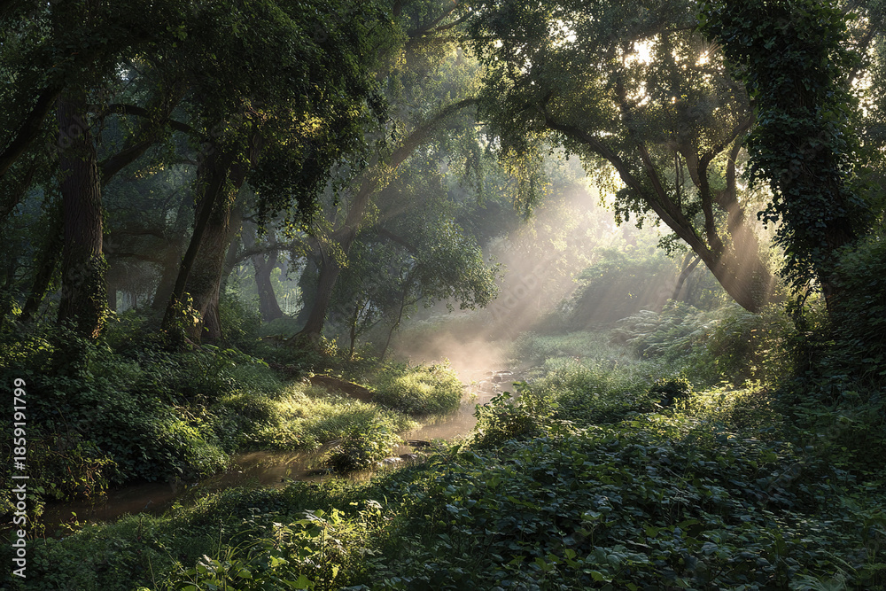 Obraz premium Enchanted woodland landscape with dense greenery and sun rays filtering through tall trees, creating serene and magical atmosphere in forest