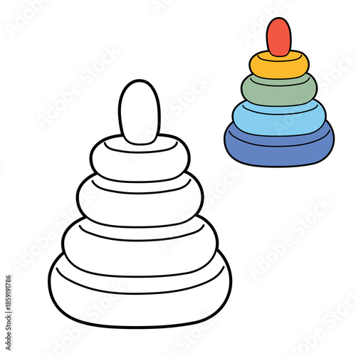Vector illustration of a colorful stacking ring toy pyramid for children. Flat cartoon design with outline and coloured version, educational baby toy for early learning, toddler play, nursery and kids
