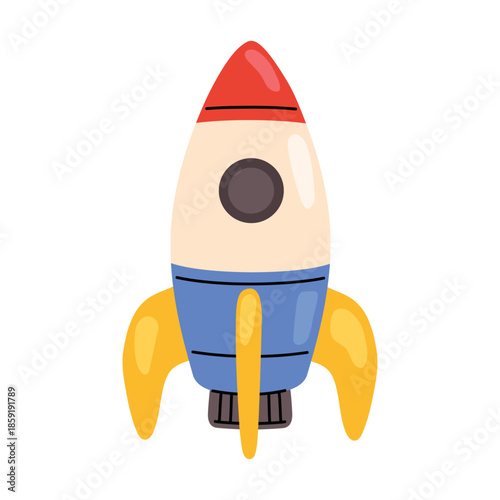 Vector illustration of a cute toy rocket ship. Flat cartoon design with bright colours, simple shapes and playful style. Space themed element for children, education, imagination, science and creativi