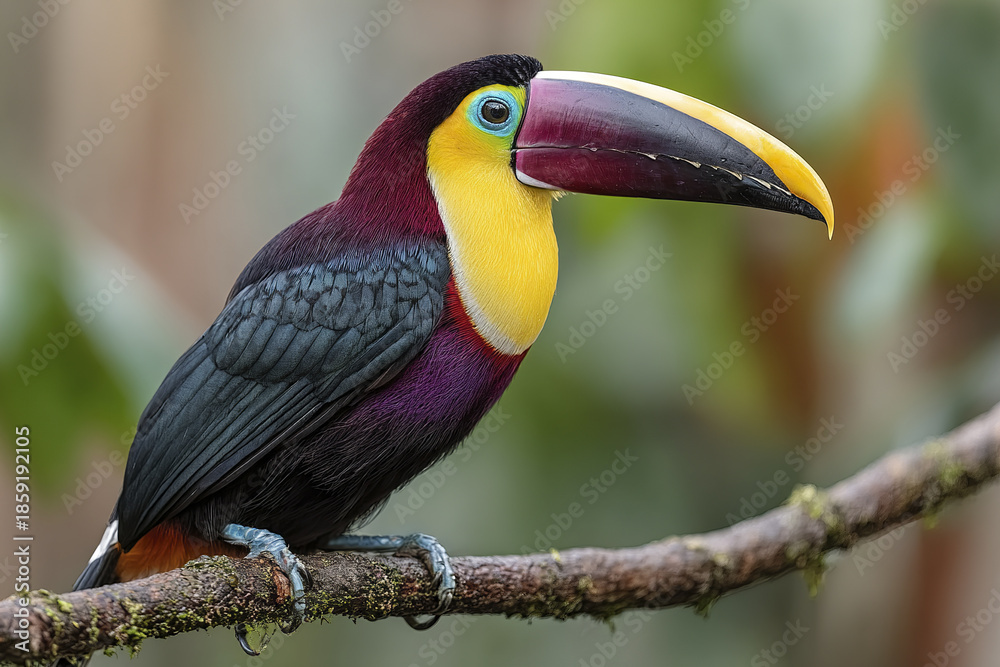 Obraz premium Colorful toucan perched on mossy branch with vibrant yellow, purple, and black feathers in tropical forest, showing exotic bird beauty and natural wildlife charm