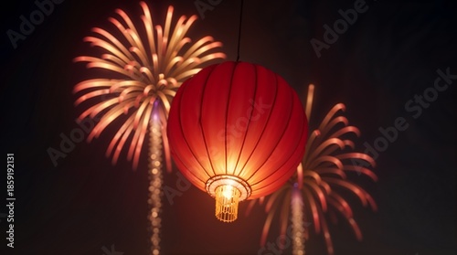 Glowing red lantern with fireworks in night sky, festive Chinese New Year celebration, vibrant and joyful atmosphere of luck and prosperity