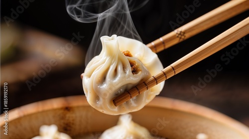 Steaming dumpling held by chopsticks, hot and fresh Asian delicacy, appetizing close-up with rising steam, cozy culinary moment