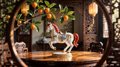 Белая статуэтка лошади с красной гривой на деревянном столе, в рамке круглого зеркала в традиционном китайском интерьере, праздничная и элегантная атмосфера