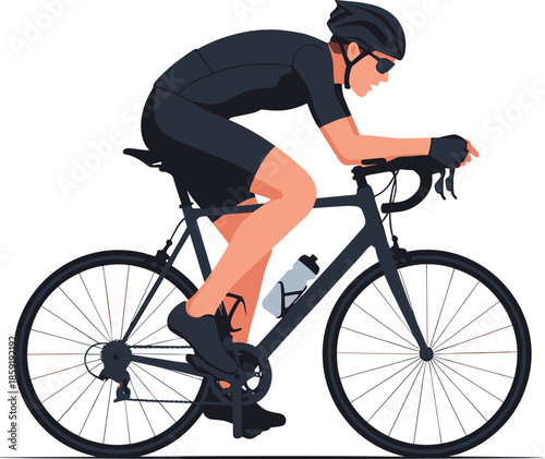 Stylized cyclist in aerodynamic posture wearing black gear on road bike for sports design, fitness, and education