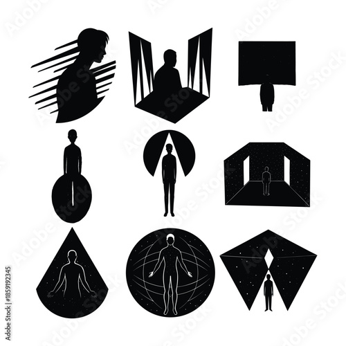 Twelve Black Silhouettes of Figures in Abstract and Cosmic Environments person human