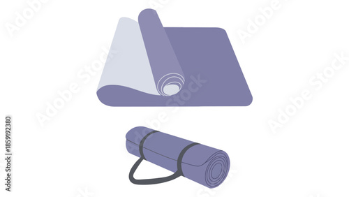 Rolled and unrolled yoga mat in soothing purple tones, ready for practice