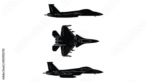 Sleek black fighter jets displayed from three different aerial perspectives against a white background.