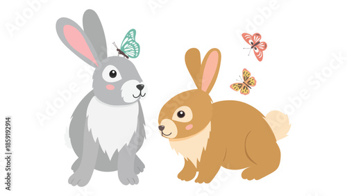 Two adorable cartoon rabbits with butterflies fluttering around them, evoking a sense of gentle wonder and nature.