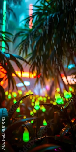 Bioluminescent flora pulses in a rain-slicked, cybernetic jungle, blurring into a neon haze,  wet,  shallow depth of field