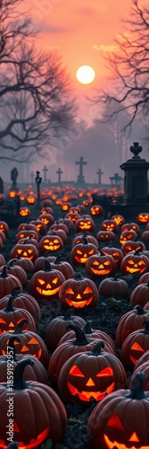 A field of carved pumpkins with glowing candlelit faces, set against a misty graveyard at twilight,  pumpkins,  spooky