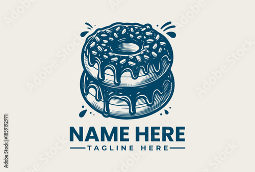 A blue illustration of a glazed donut with icing and sprinkles, accompanied by a customizable logo template with placeholder text on a beige background.
