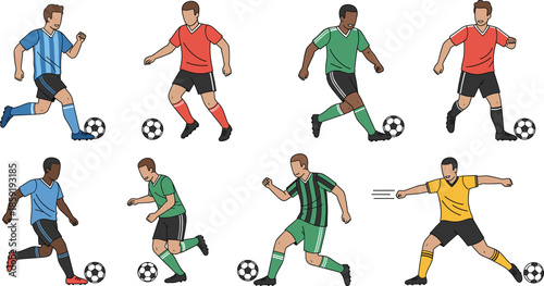 Stylized soccer players in colorful uniforms showing dynamic ball interaction poses for sports design, education, and illustration