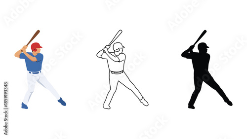 Dynamic baseball player in batting stance, ready to hit, shown in color, outline, and silhouette
