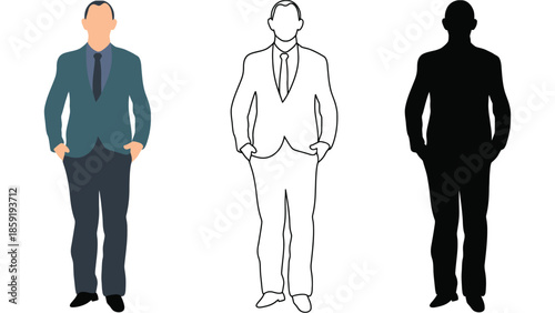 Professional man in suit shown as flat illustration, outline, and silhouette