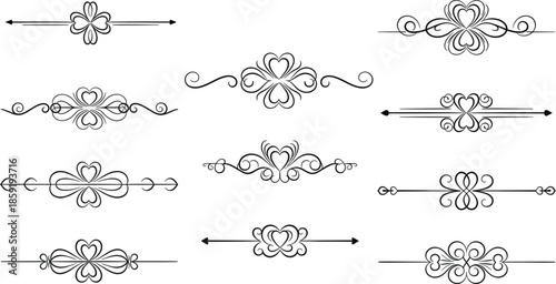 Elegant black vector text dividers with ornate heart and swirl motifs are presented as a symmetrical set on a clean white background.