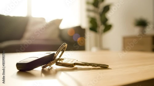 Close-up of keys and car remote resting on a wooden table with soft lighting and home interior background.