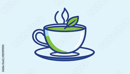 Illustration of a Cup of Green Tea with a Leaf.