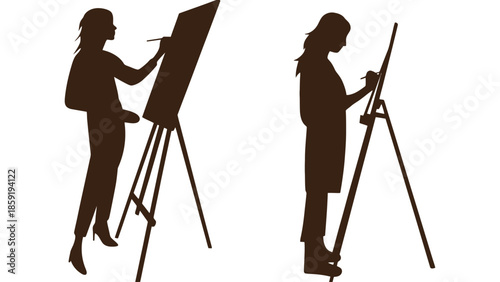 Artist silhouetted, focused on painting on an easel, capturing creative expression