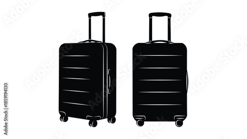 Two sleek black rolling suitcases displayed from different angles on a clean white background, ready for travel.