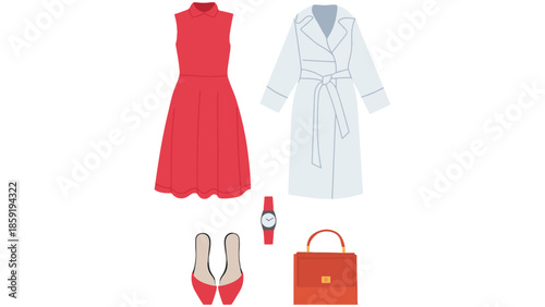 Chic ensemble of red dress, trench coat, shoes, watch, and handbag for stylish fashion.
