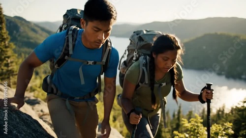 Adventurous couple hiking uphill on a rocky trail with backpacks overlooking a scenic lake landscape