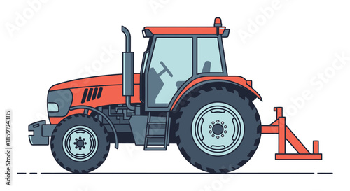 Modern orange tractor with large tires and plow attachment on white background