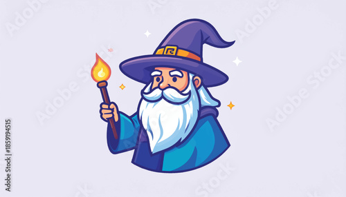 Cartoon Wizard with Staff Casting Spell Illustration on Light Background.