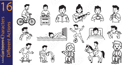 15 Funny Cartoon Illustrations of Daily Life Activities in Black and White Line Art"