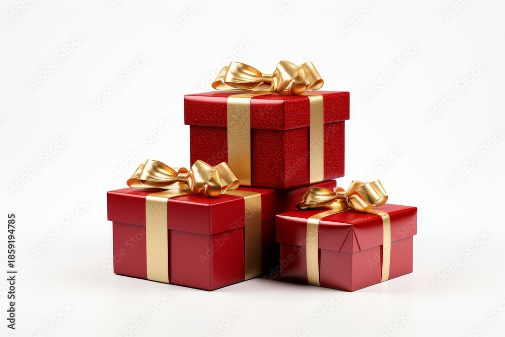 Obraz premium Stacked red gift boxes with golden ribbons symbolizing holidays and presents on white