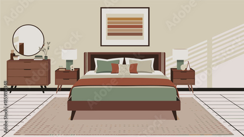 Minimalist mid-century modern bedroom with brown wooden bed, sage and rust bedding, nightstands, abstract wall art, and warm beige walls with natural light.