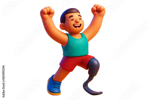 Cartoon-style joyful boy with a prosthetic leg jumping excitedly, colorful outfit, isolated on white background, concept of empowerment. Ai generative