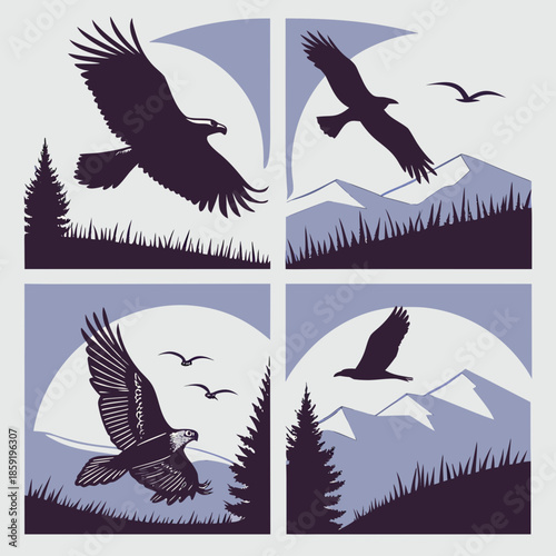 Birds of prey in mountainous landscape